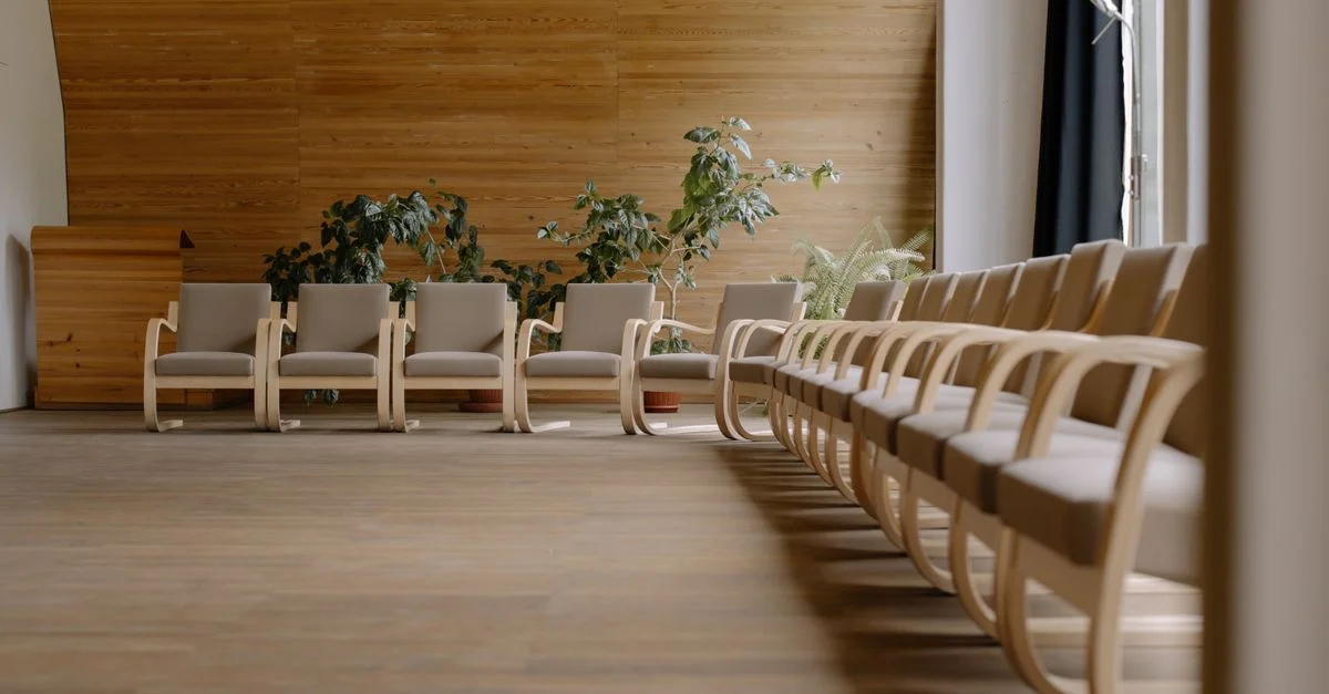 Salle de conférence moderne spacieuse avec des chaises en bois et des plantes en pot, idéale pour des événements.