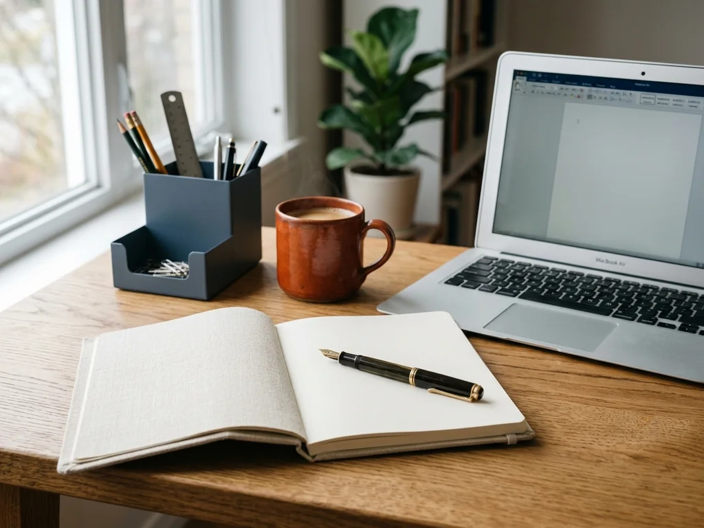 Bureau de travail ordonné avec carnet et ordinateur pour faciliter la prise de contact professionnelle.