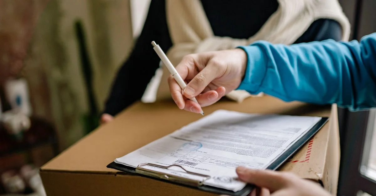 Gros plan sur une personne signant un document de livraison posé sur un grand carton à l'intérieur.