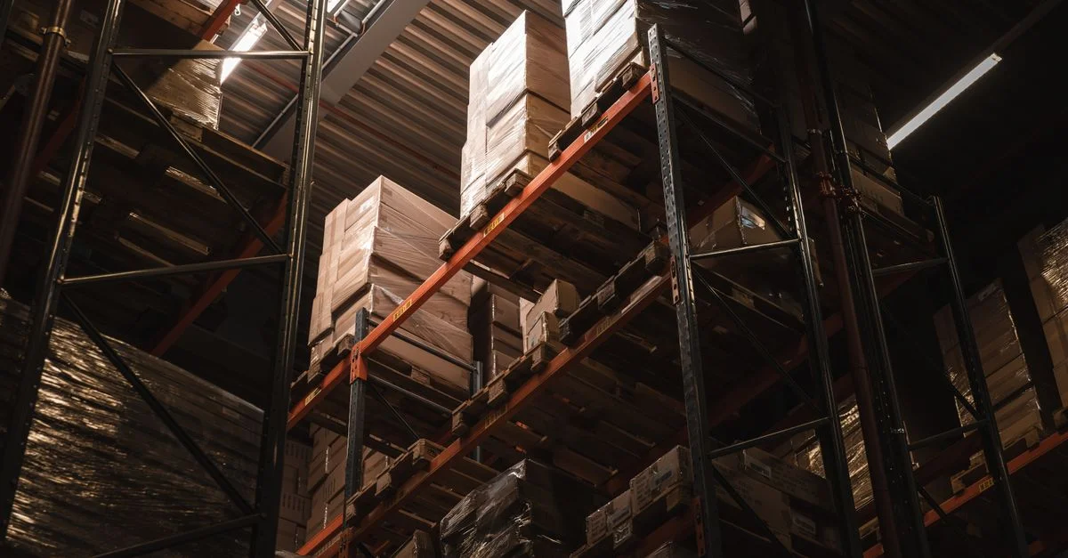 Vue intérieure d'un entrepôt avec des cartons empilés sur des étagères hautes, illustrant le stockage et la logistique.