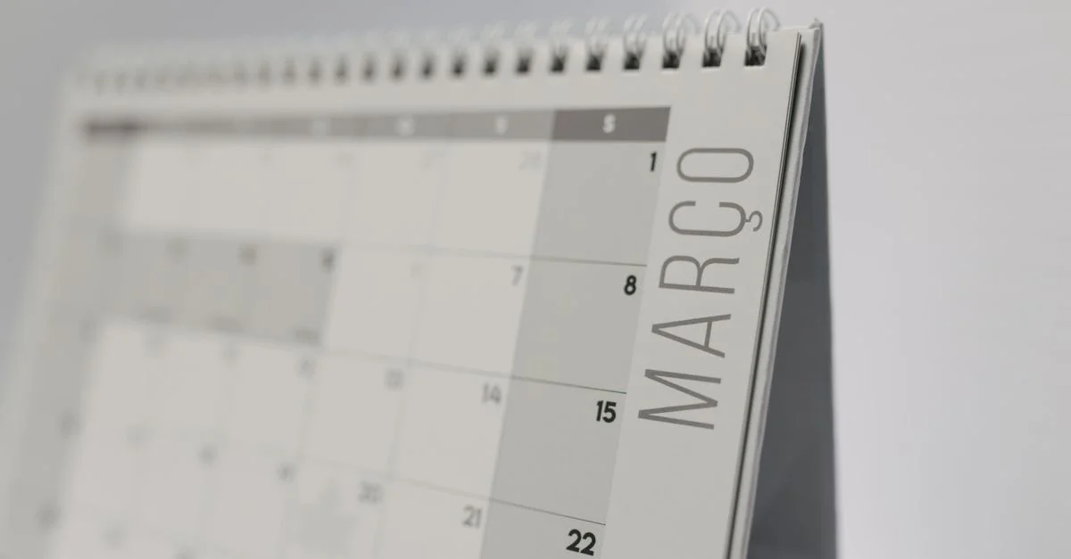 Gros plan d'un calendrier de bureau à reliure spirale montrant le mois de mars dans un style minimaliste.