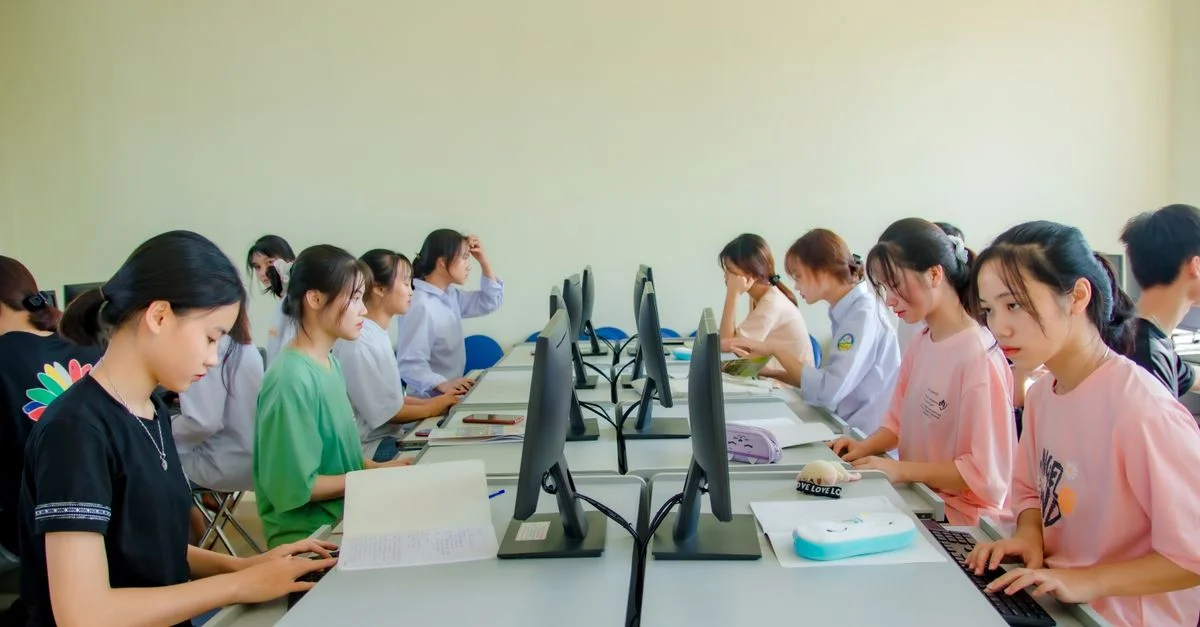 Un groupe d'étudiants dans une salle de classe utilisant des ordinateurs pour des activités d'apprentissage en équipe.