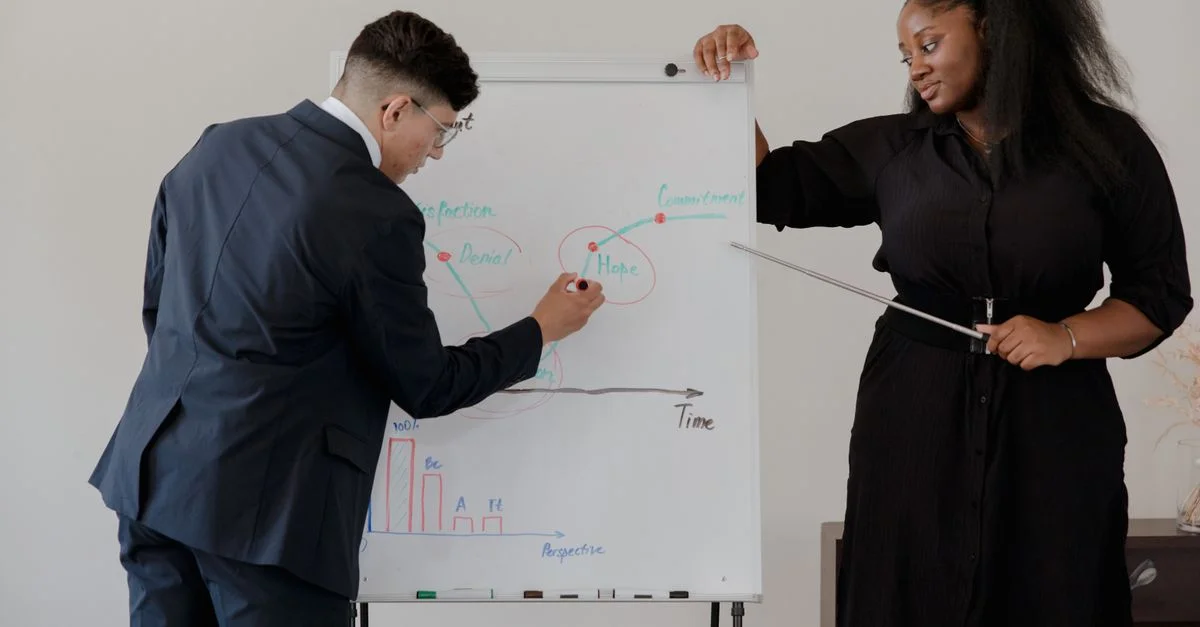Deux professionnels lors d'une réunion d'affaires présentant des diagrammes sur un tableau à feuilles.