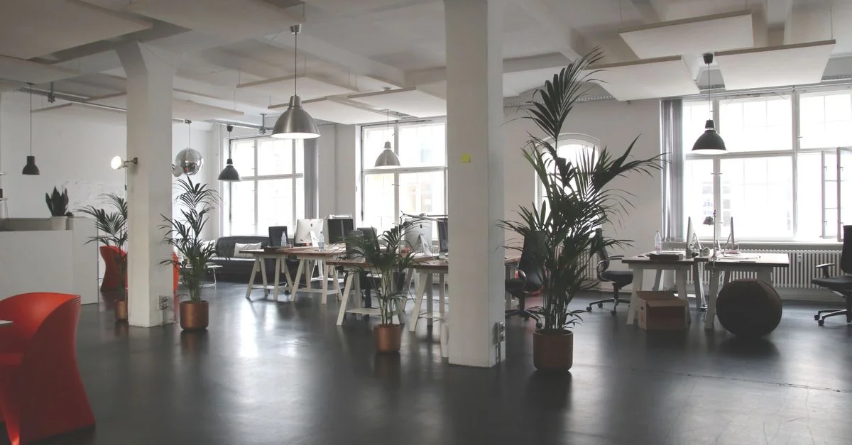 Intérieur de bureau moderne spacieux avec des bureaux, des plantes et un éclairage naturel à Berlin.