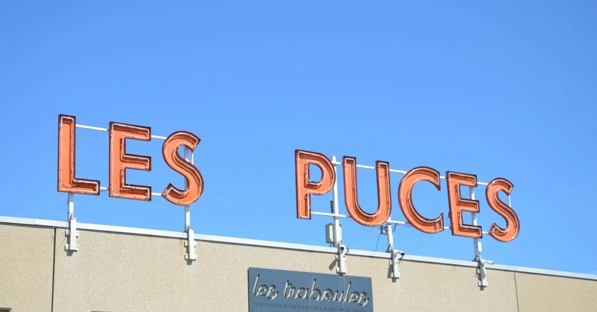 Panneau néon 'Les Puces' sur une façade de bâtiment avec un ciel bleu clair en arrière-plan, France.