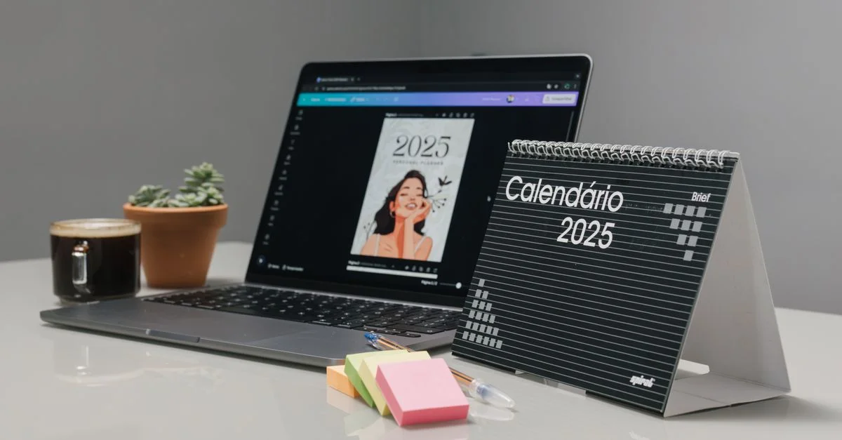 Bureau moderne mettant en avant un calendrier 2025, un ordinateur portable et un café pour un environnement de travail productif.