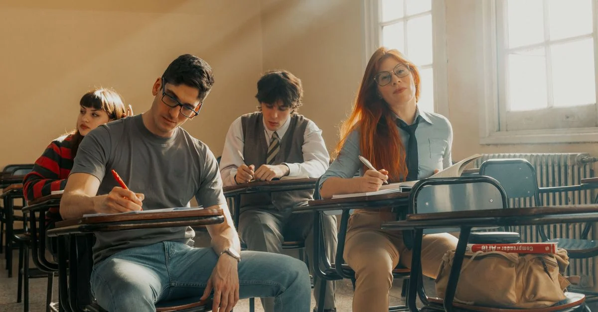 Un groupe d'étudiants universitaires concentrés sur la prise de notes dans une salle de classe lumineuse.