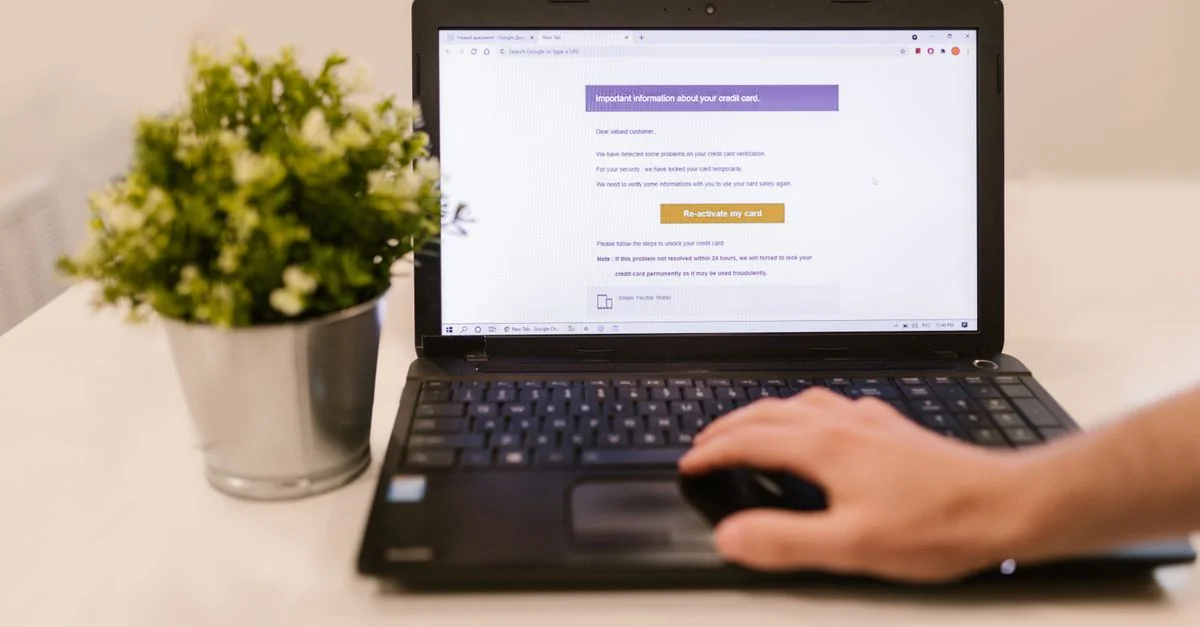 Personne utilisant un ordinateur portable pour lire un e-mail à l’intérieur à côté d'une plante en pot.
