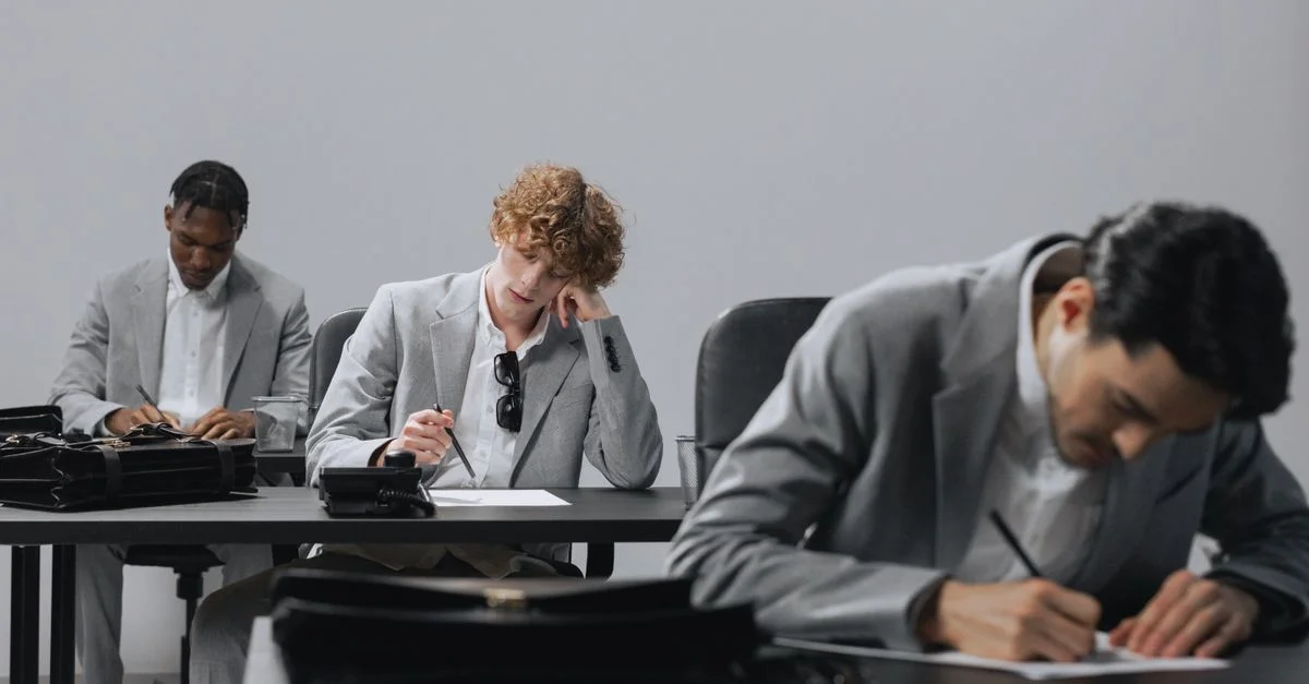 Trois professionnels en costumes gris se concentrent sur des documents dans un bureau moderne.