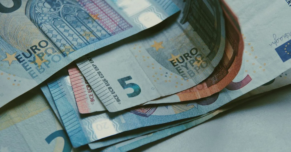 Gros plan détaillé de divers billets en euros sur une surface blanche, idéal pour du contenu lié à la finance.