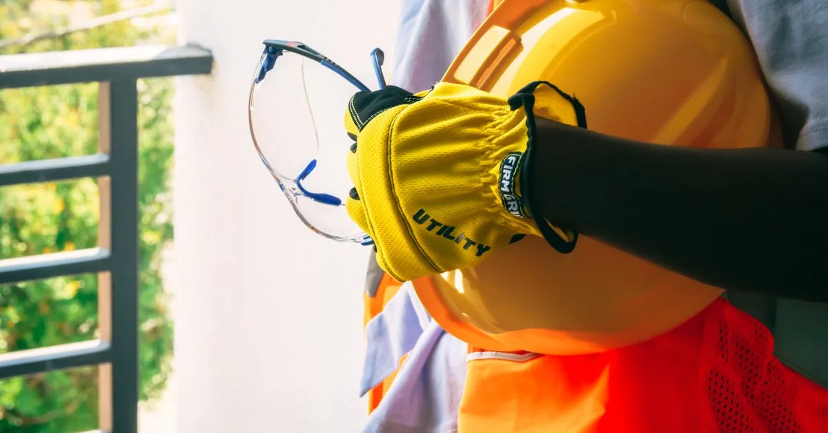 Travailleur de la construction avec équipement de sécurité, y compris un casque et des gants.