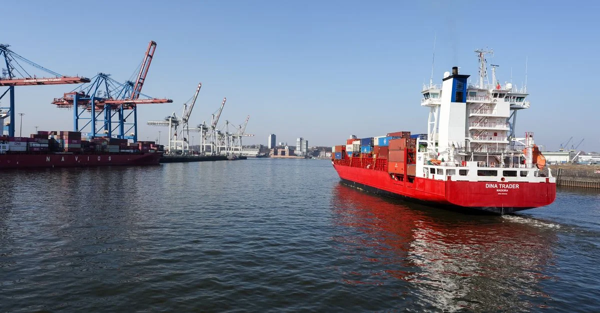 Porte-conteneurs et grues au port de Hambourg, illustrant les opérations de transport maritime mondial par temps clair.