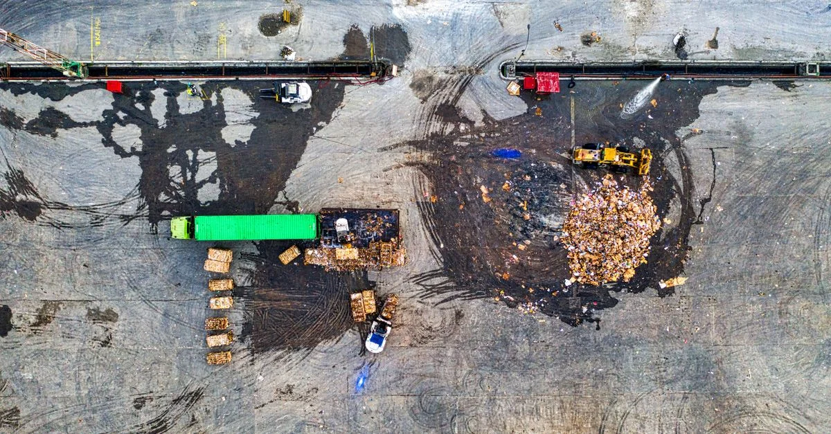Vue aérienne d'un site de traitement des déchets avec de l'équipement lourd et des camions à Serang, Indonésie.