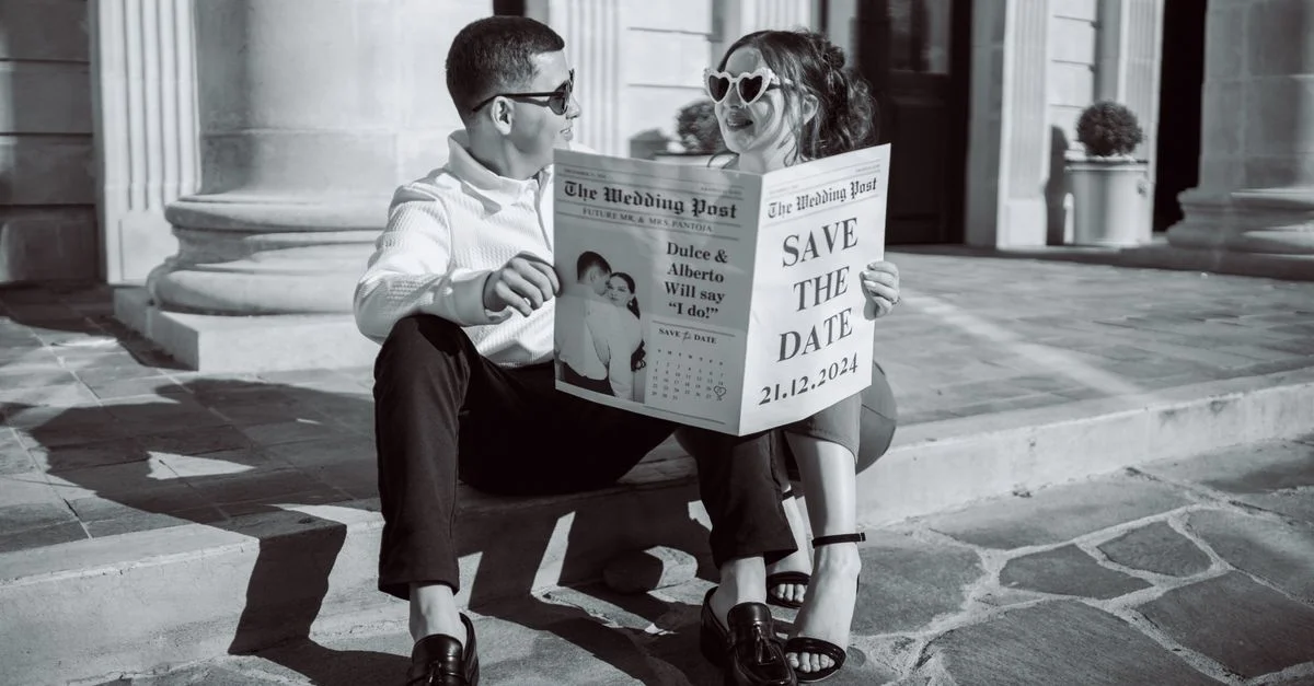 Couple de fiancés tenant un journal « Save the Date » pour leur mariage.
