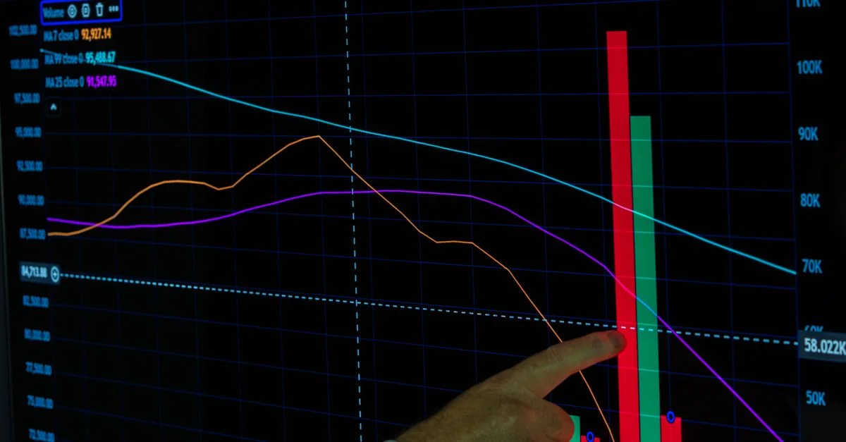Main pointant du doigt un graphique financier affichant l'analyse et les tendances des données relatives aux cryptomonnaies.