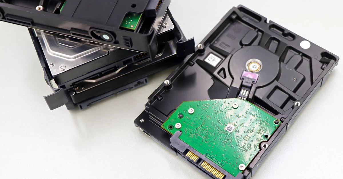 Une collection de disques durs démontés exposés sur une surface blanche, présentant les composants internes.