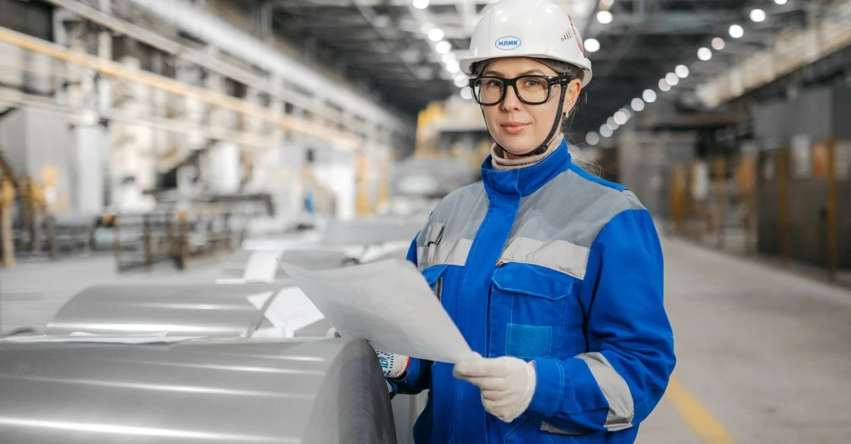 Une ingénieure portant un équipement de sécurité inspecte des machines dans une usine industrielle.
