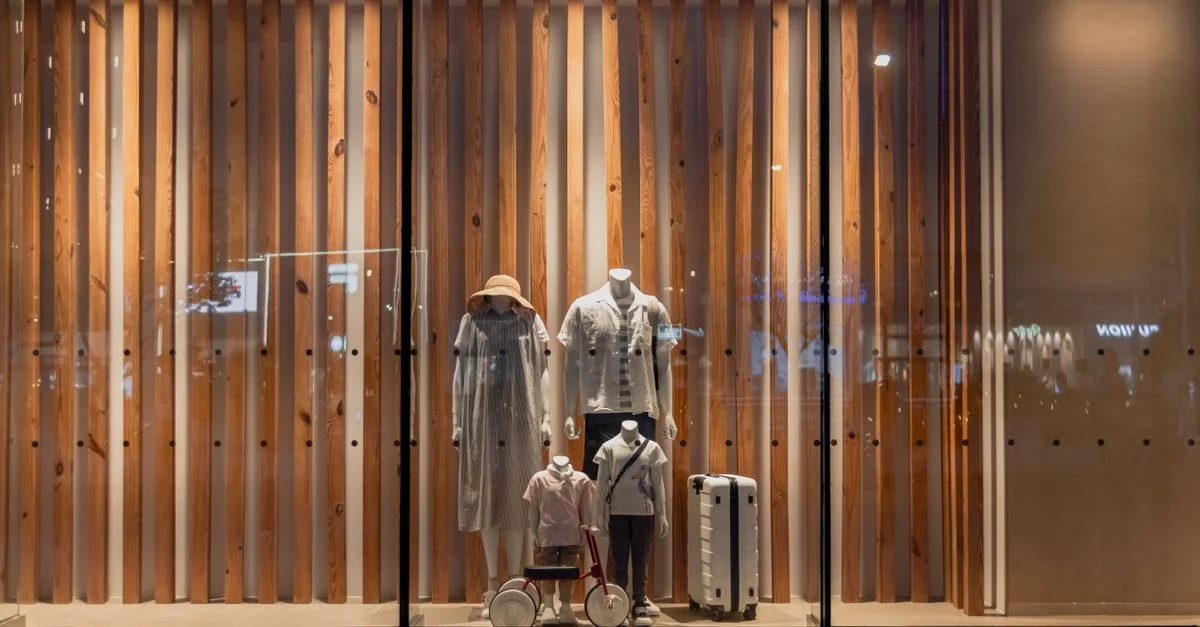 Vitrine élégante avec des mannequins en tenue à la mode, vue à Wuhan, Chine.
