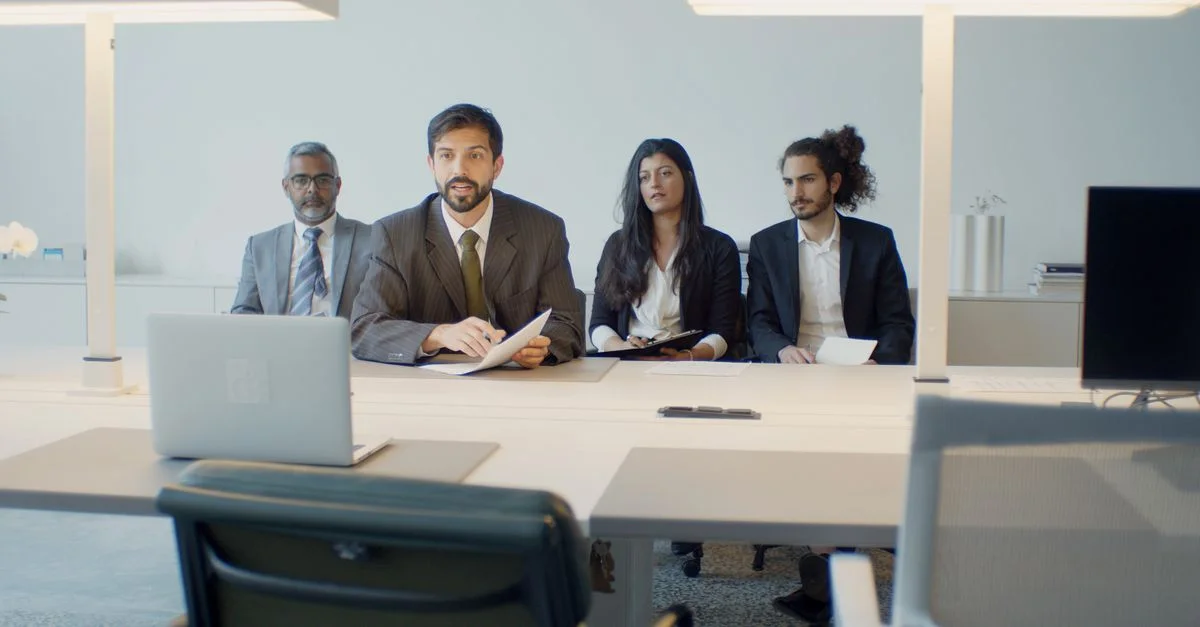 Une équipe diverse en réunion d'affaires utilisant la vidéoconférence dans un cadre de bureau moderne.