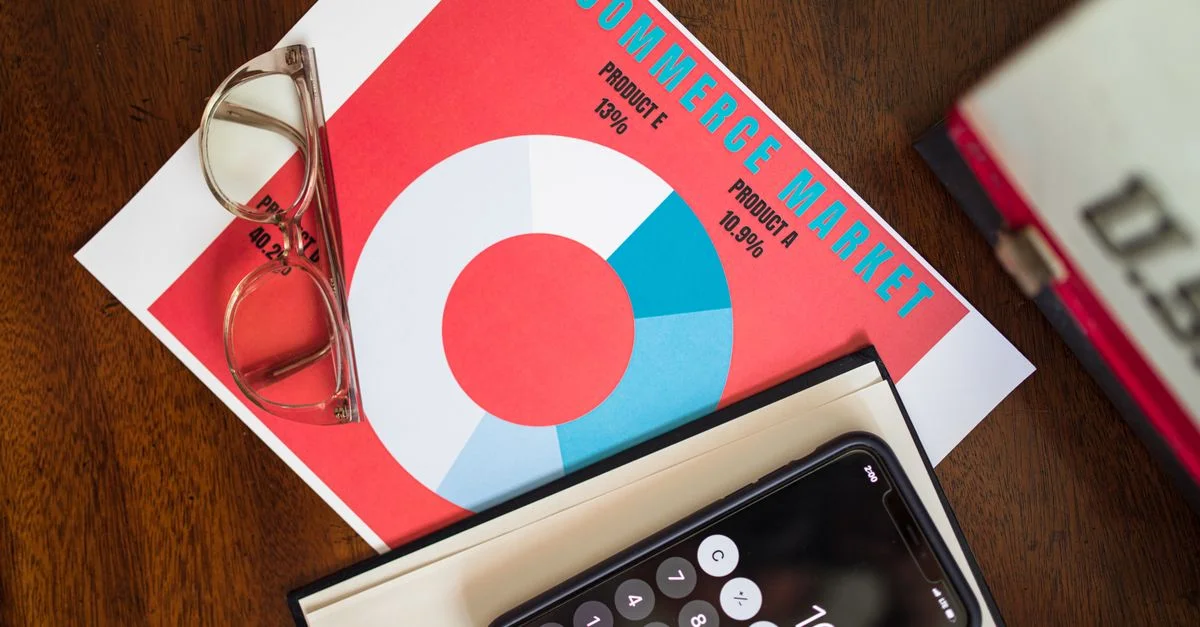 Vue de dessus d'un graphique d'analyse du marché e-commerce avec une calculatrice smartphone et des lunettes pour les insights commerciaux.