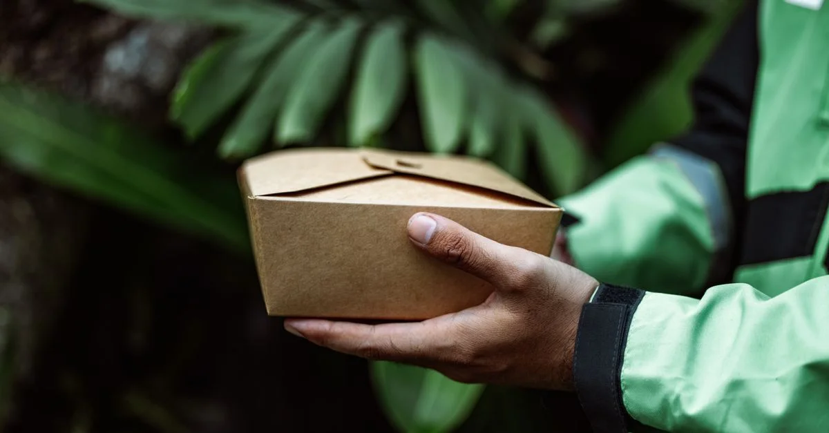 Mains tenant une boîte de nourriture en carton écologique en extérieur. Concept de livraison durable.
