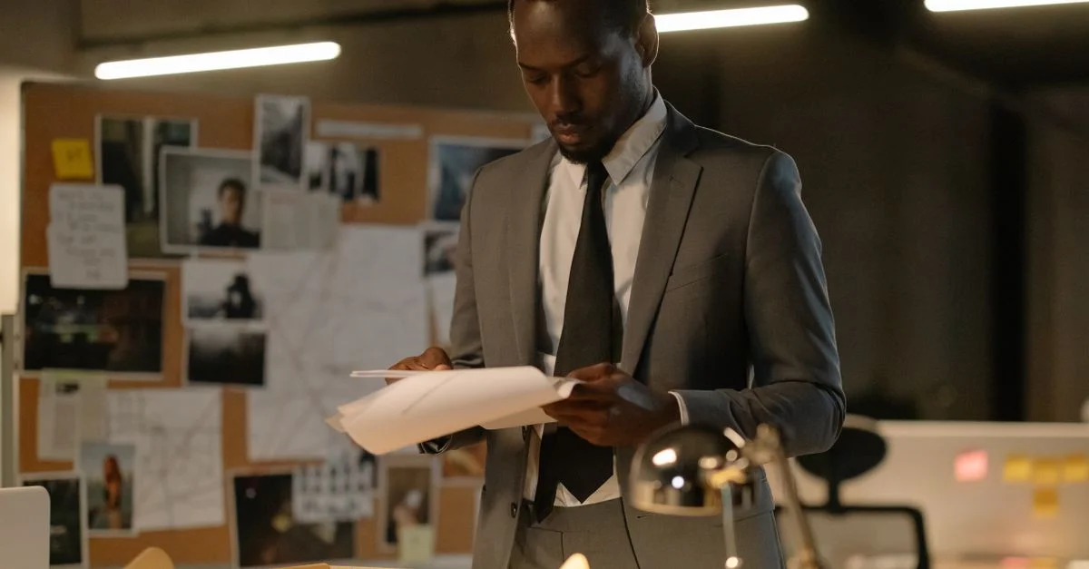 Un détective afro-américain examine des documents dans un bureau moderne, se concentrant sur des dossiers de preuves.